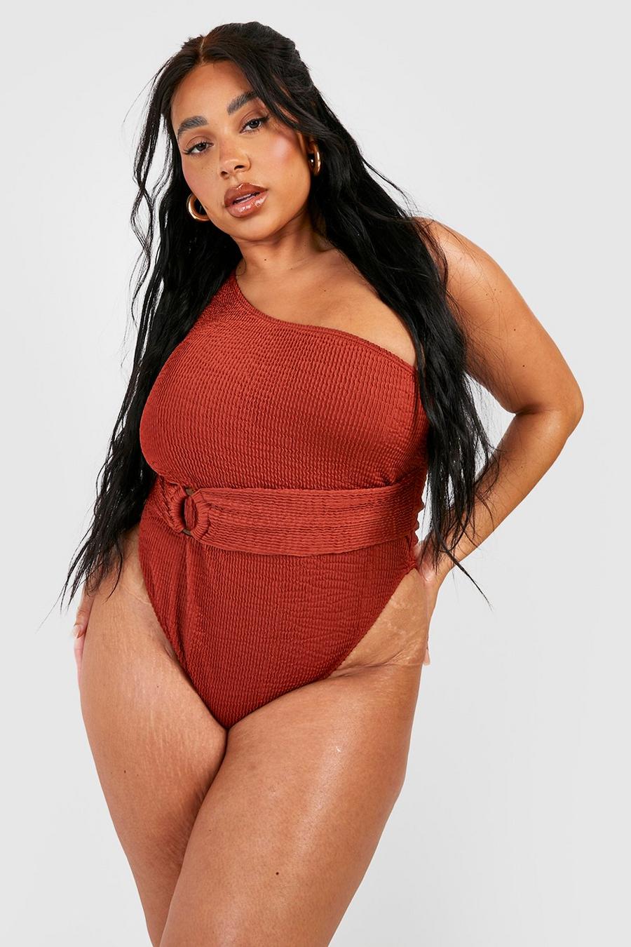 Chocolate Plus Crinkle Ring Belted One Shoulder Swimsuit