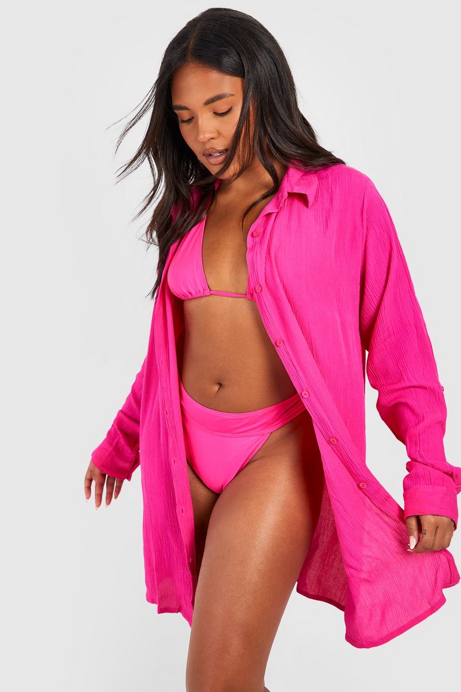 Camisa Plus fruncida para la playa de rayón, Hot pink