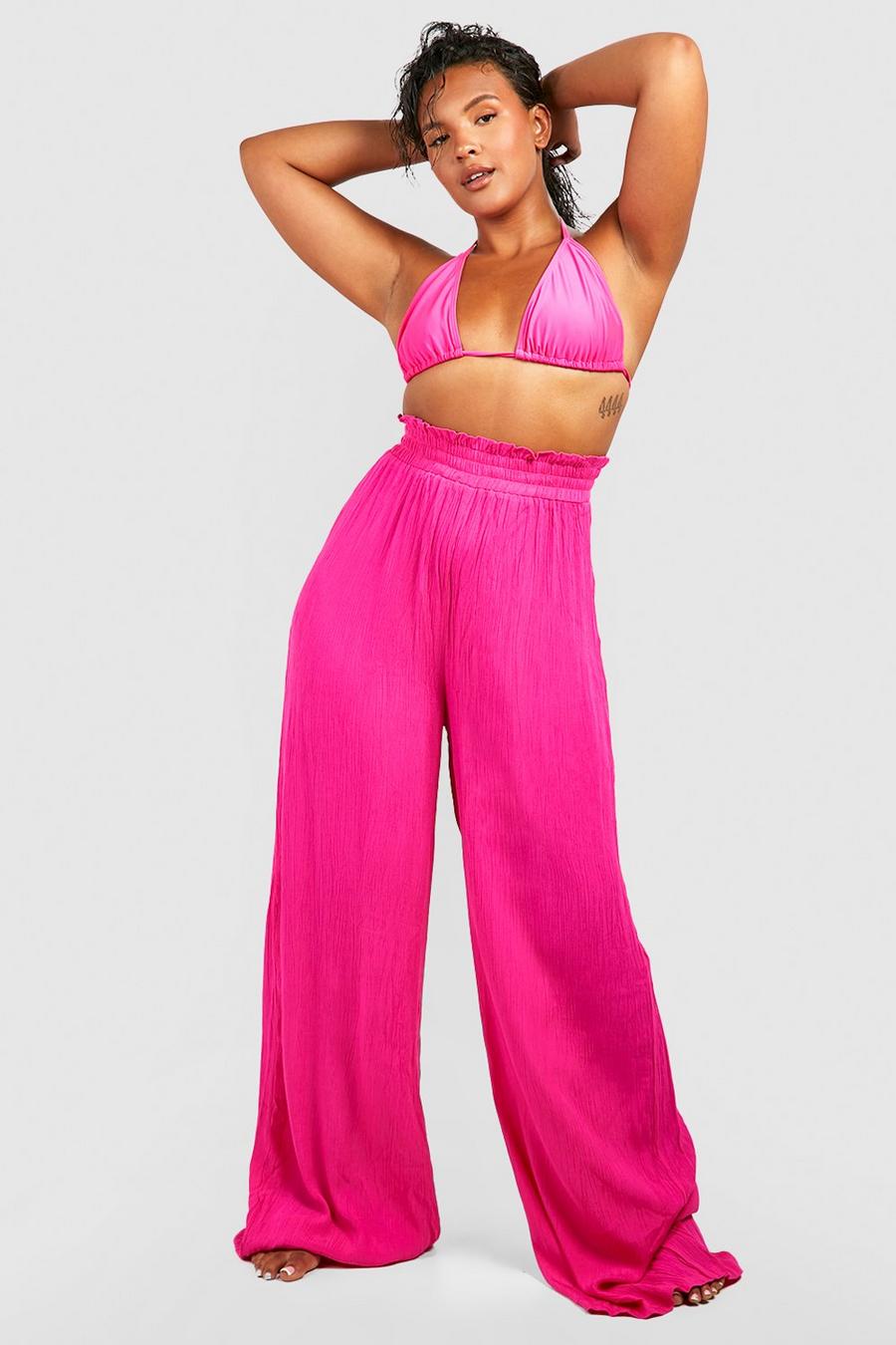 Pantaloni da mare Plus Size in rayon effetto goffrato, Hot pink