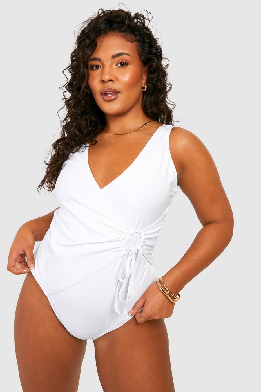 White Plus Tummy Control Wrap Belted Swimsuit