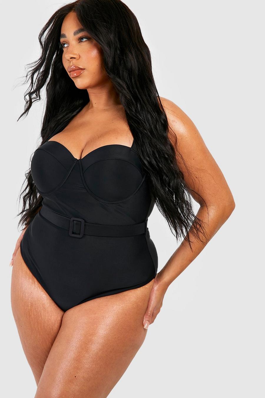 Black Plus Belted Underwired Tummy Control Swimsuit image number 1