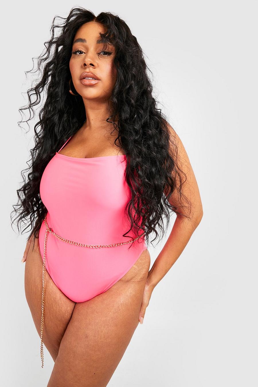 Hot pink Plus Chain Belted Scoop Swimsuit