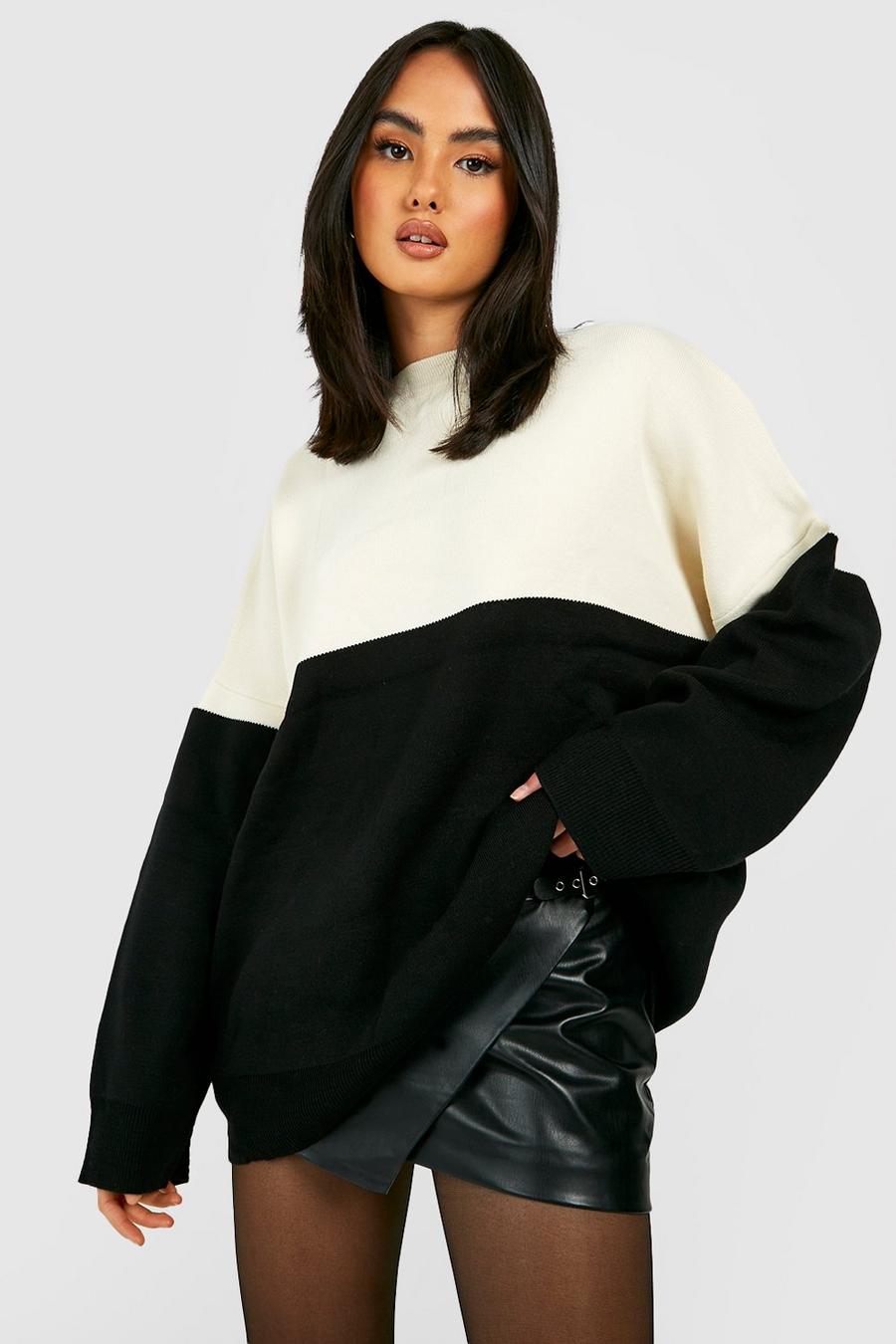 Black Spliced Crew Neck Knitted Sweater