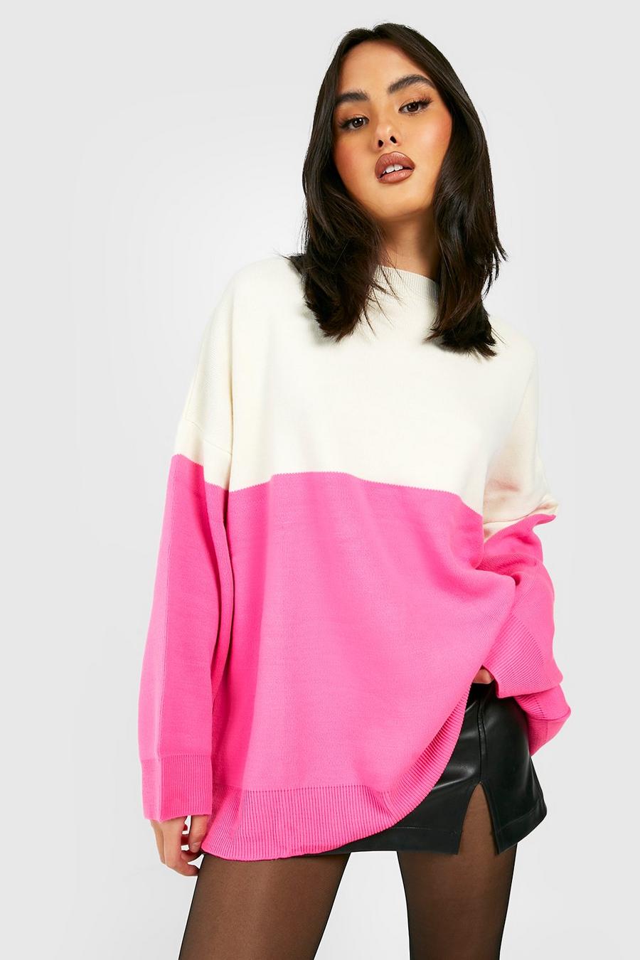 Pink Spliced Crew Neck Knitted Jumper