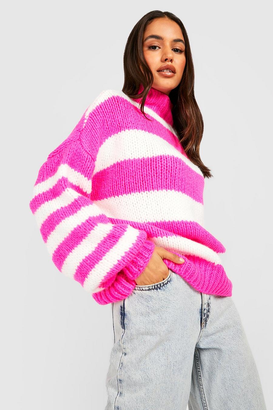 Hochgeschlossener gestreifter Pullover, Pink