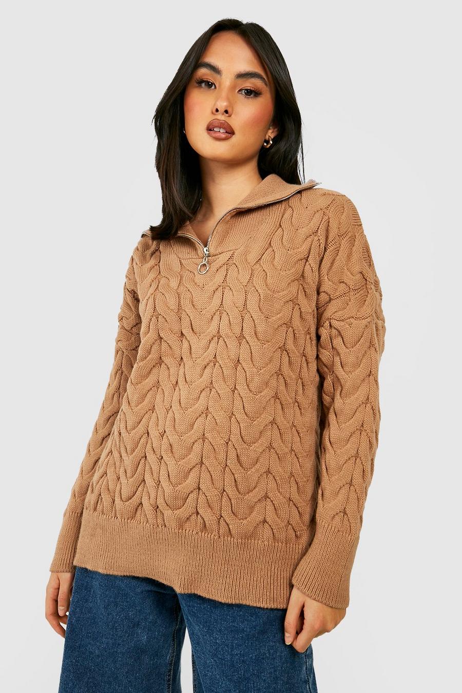 Camel Cable Detail Half Zip Knitted Sweater