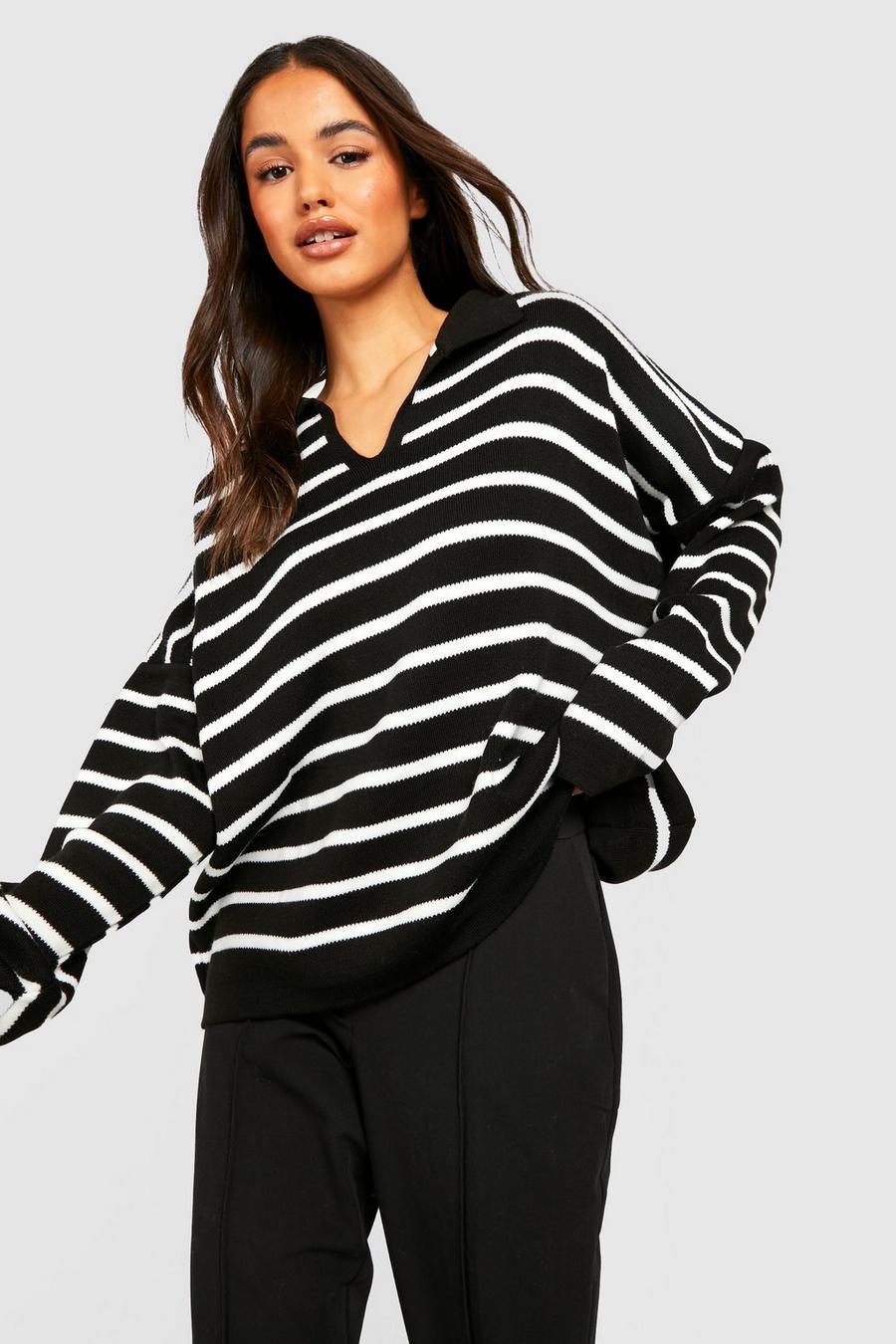 Black Stripe Polo Collar Knitted Jumper