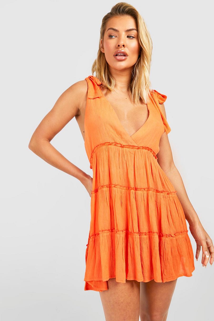 Orange Cheesecloth Tie Shoulder Beach Dress