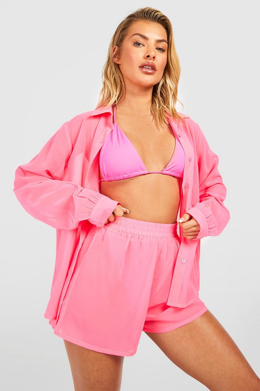 Bright pink Chiffon Strand Set Met Overhemd En Shorts image number 1
