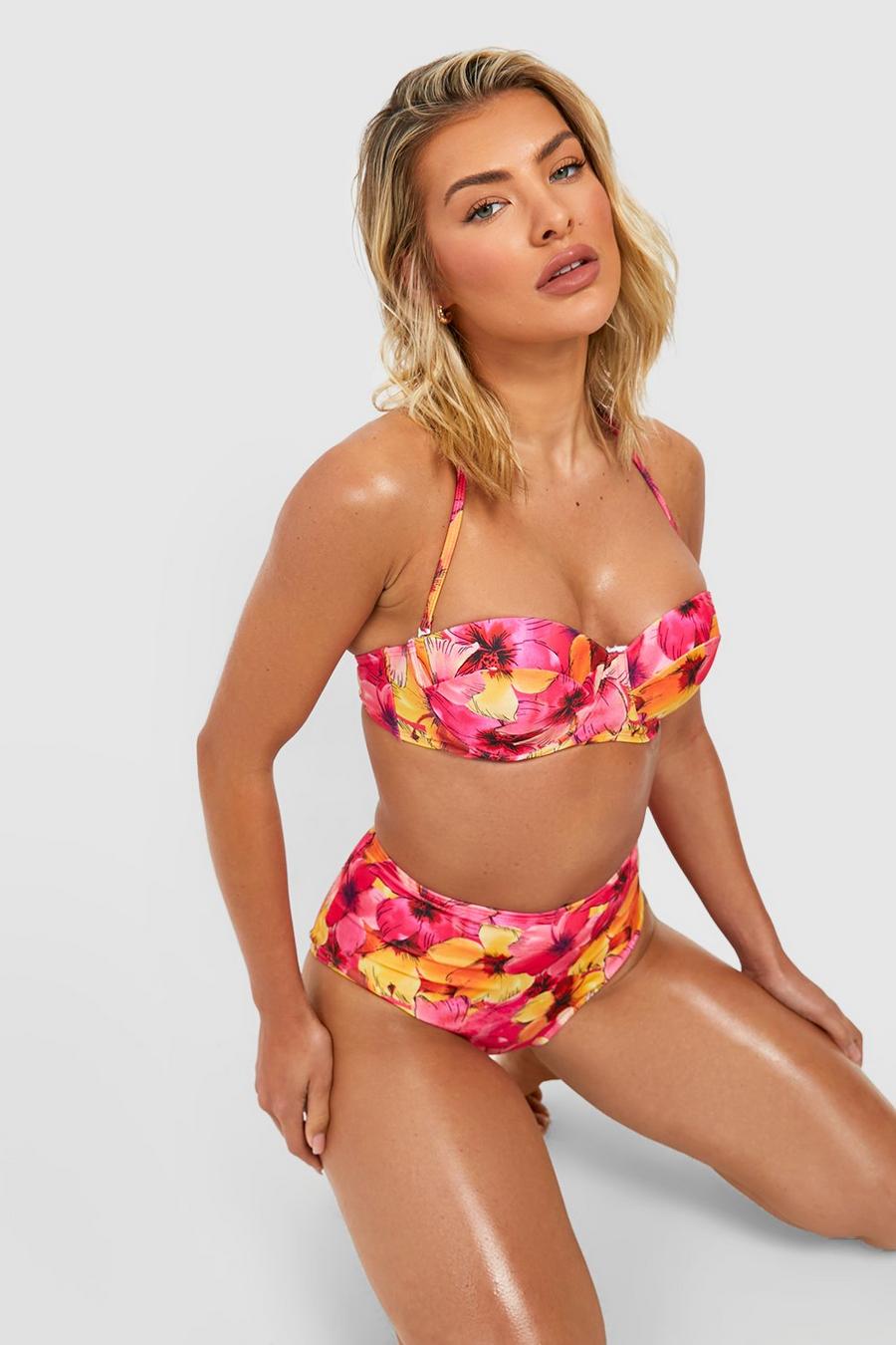 Top bikini imbottito in fantasia tropicale con ferretto, Pink image number 1