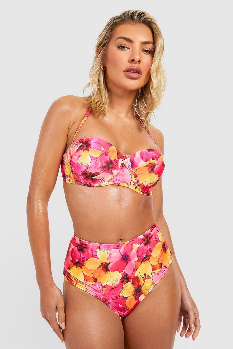 Tropenprint Bikinihose mit hohem Bund, Pink