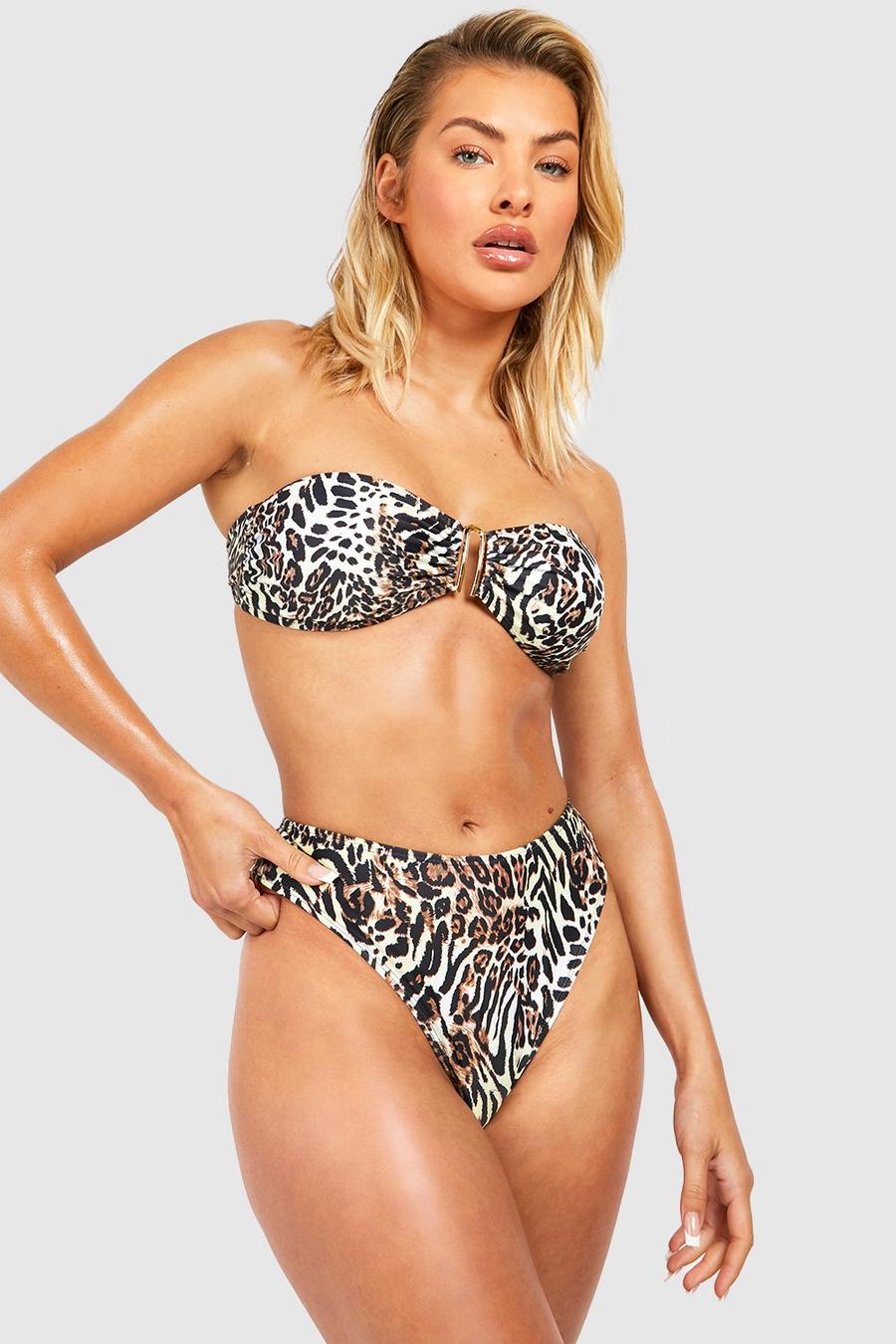 Set bikini a vita alta leopardato con finiture color oro, Leopard image number 1