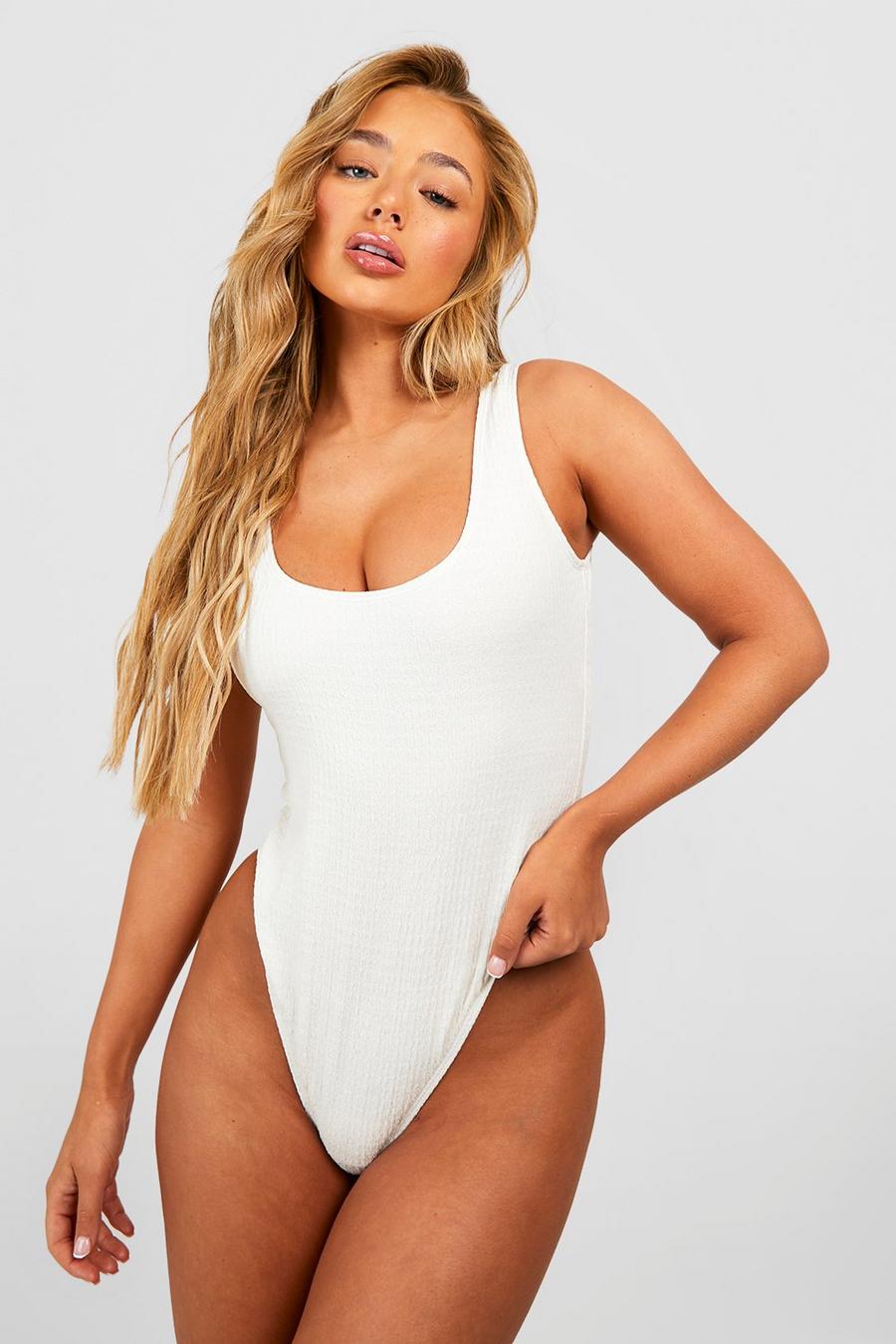 Ivory white Textured Crinkle Scoop Swimsuit