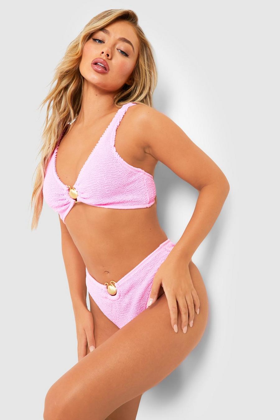 Muschelsaum-Bikinihose mit hohem Bund in Knitteroptik, Candy pink
