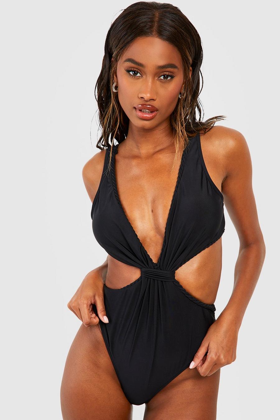 Black Rope Detail Cut Out Plunge Swimsuit image number 1