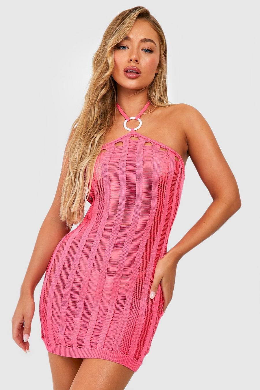 Bright pink Ladder Crochet O-Ring Halter Beach Mini Dress