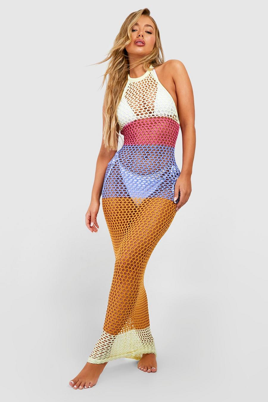 Vestido maxi para la playa de croché con rayas y colores en bloque, Multi