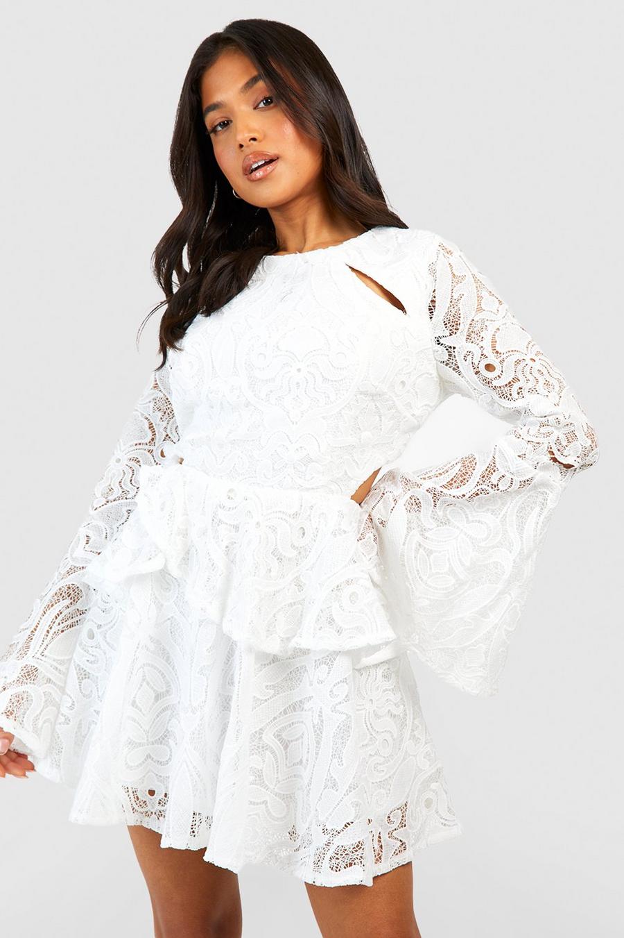 White Petite Premium Lace Flare Sleeve Mini Dress