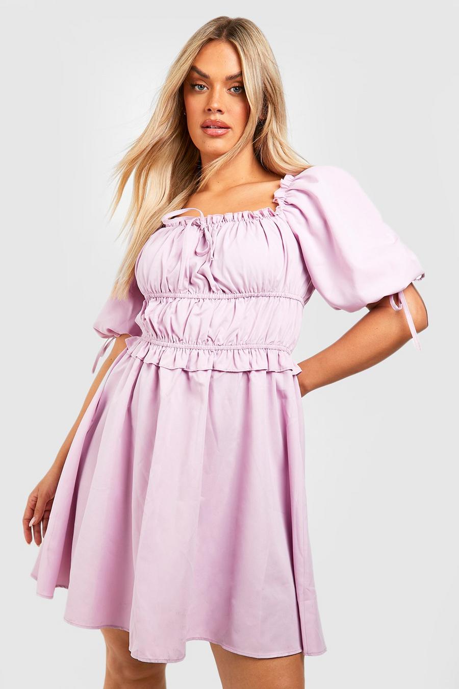 Lilac Plus Puff Sleeve Ruched Detail Skater Dress