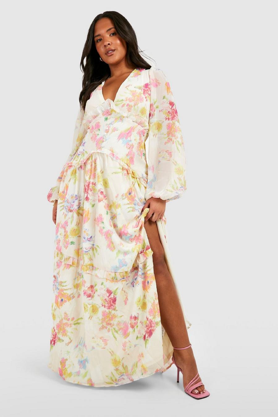 Cream Plus Floral Waist Detail Maxidress