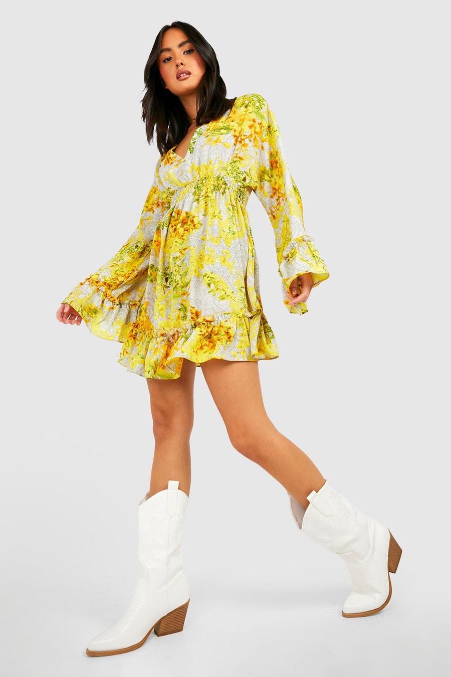 Yellow Floral Chiffon Frill Hem Skater Dress