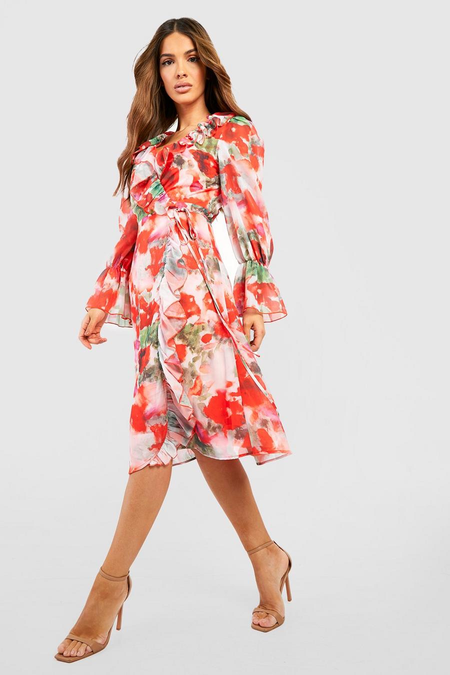 Red Floral Ruffle Wrap Dress