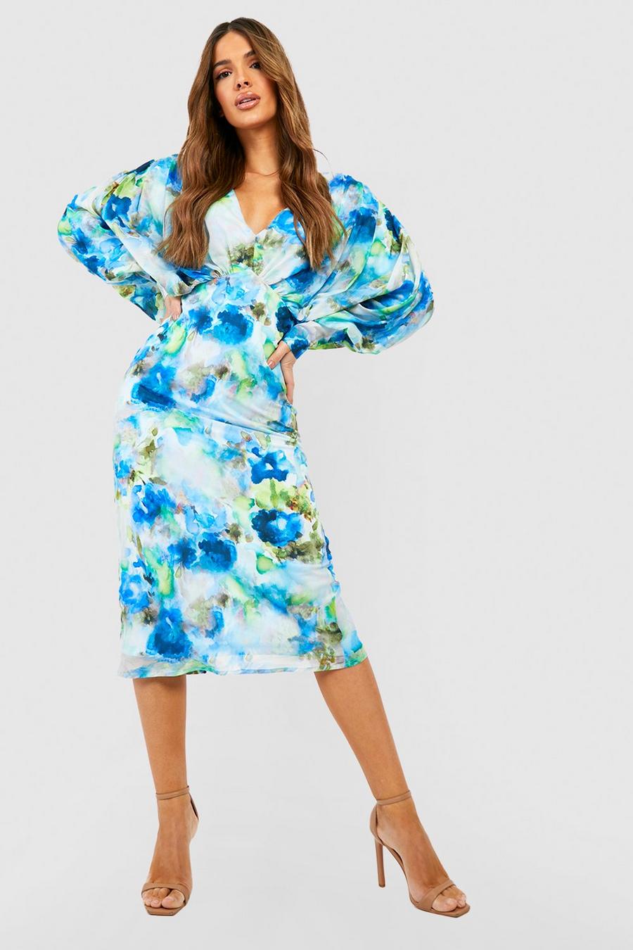 Blue Floral Chiffon Blouson Sleeve Midi Dress image number 1