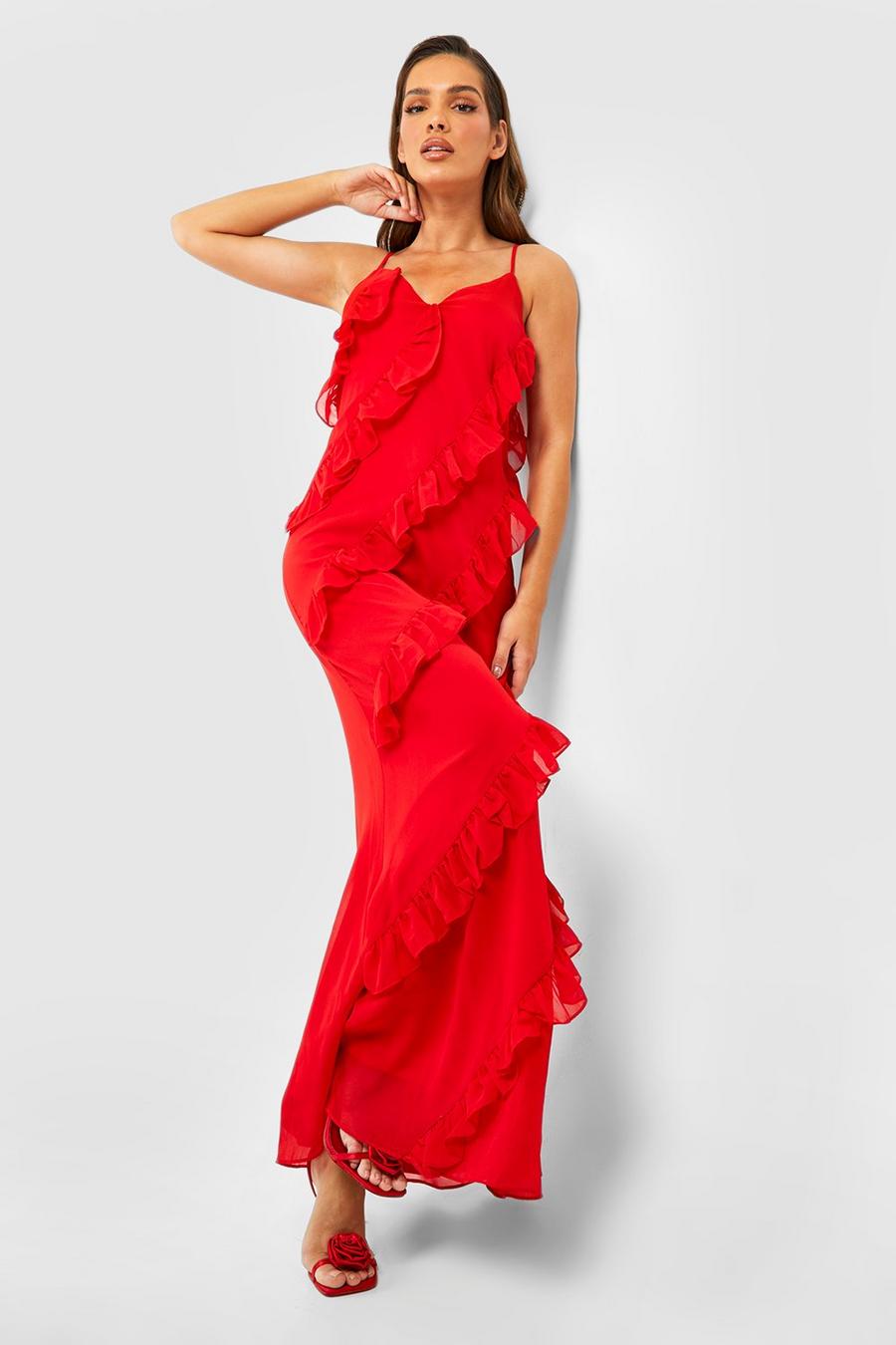 Red Chiffon Ruffle Detail Maxi Dress