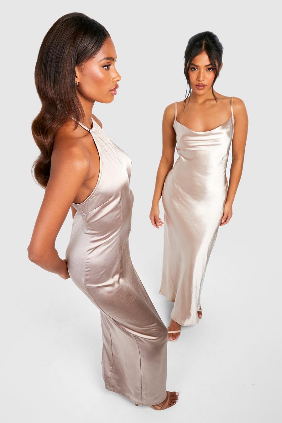 Bronze Bridesmaid Satin Halter Maxi Dress