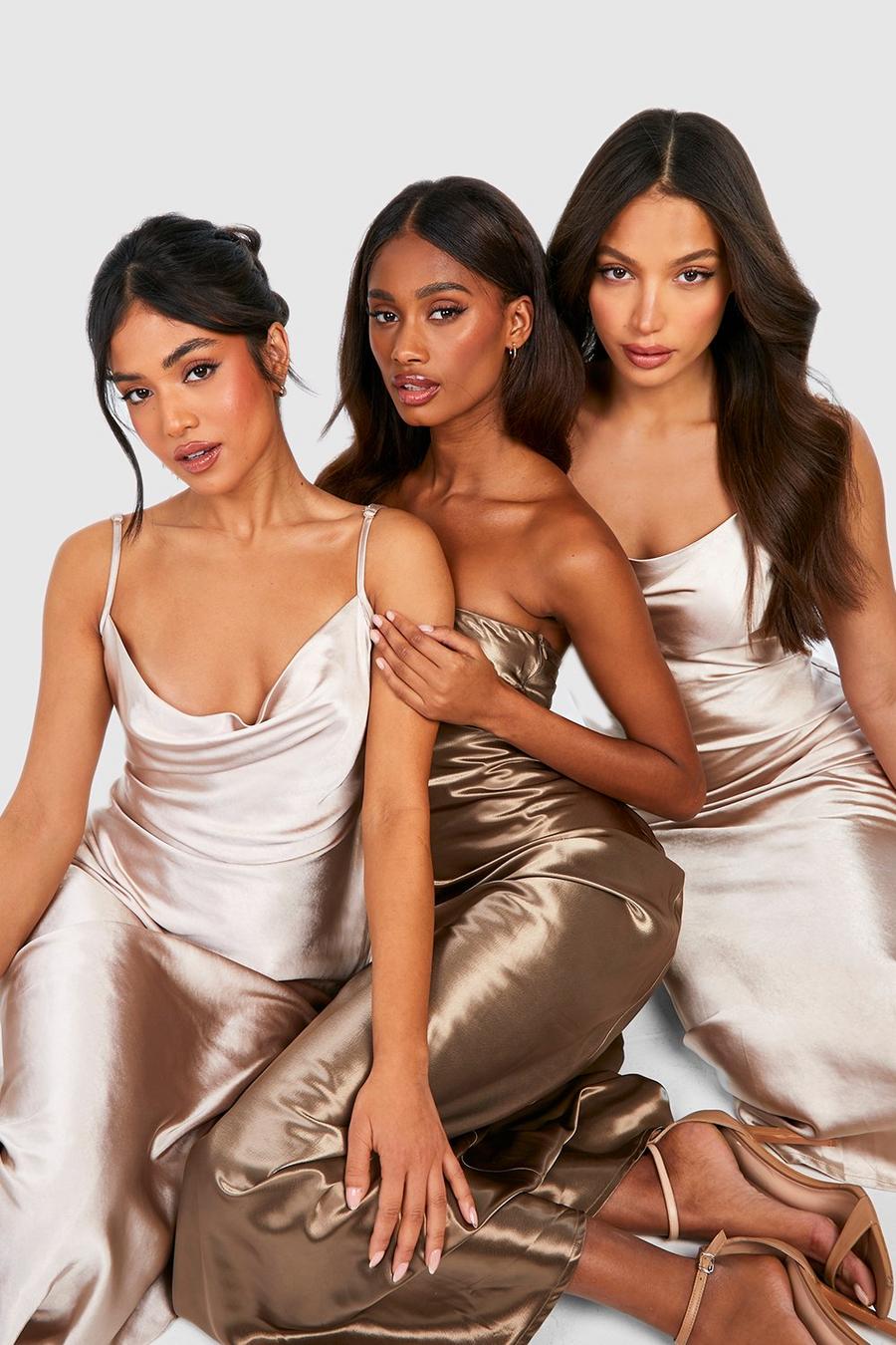 Bronze metallic Bridesmaid Satin Bandeau Maxi Dress