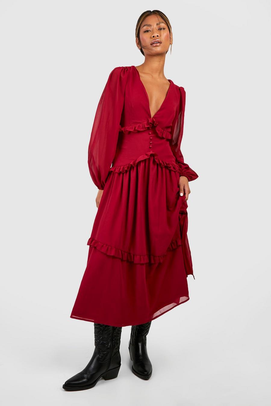 Berry Ruffle Waist Detail Midi Dress