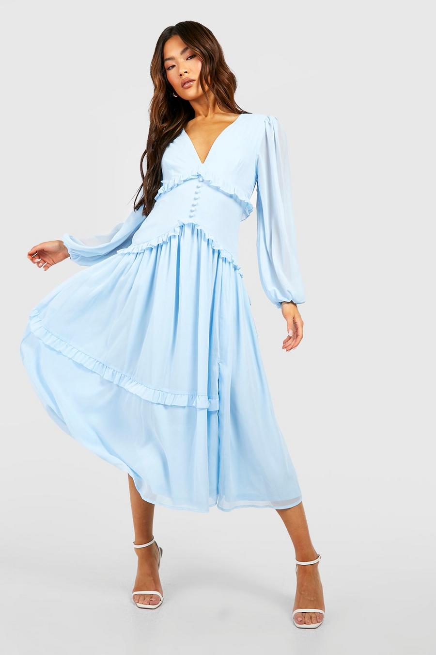 Pastel blue Ruffle Waist Detail Midi Dress