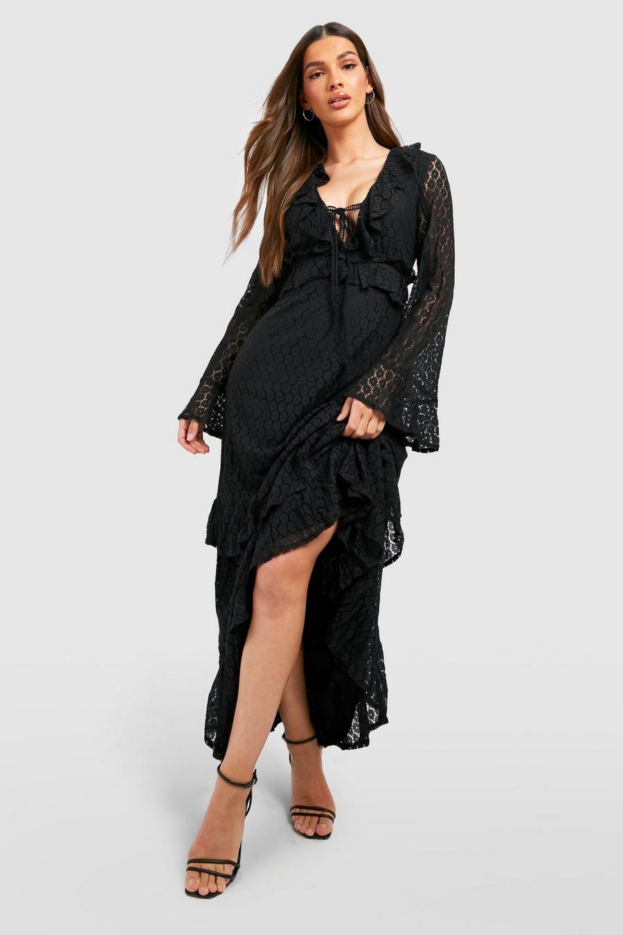 Black Lace Shirred Ruffle Maxi Dress image number 1