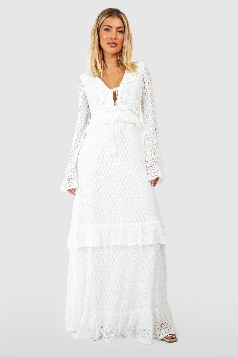 Ivory white Lace Shirred Ruffle Maxi Dress