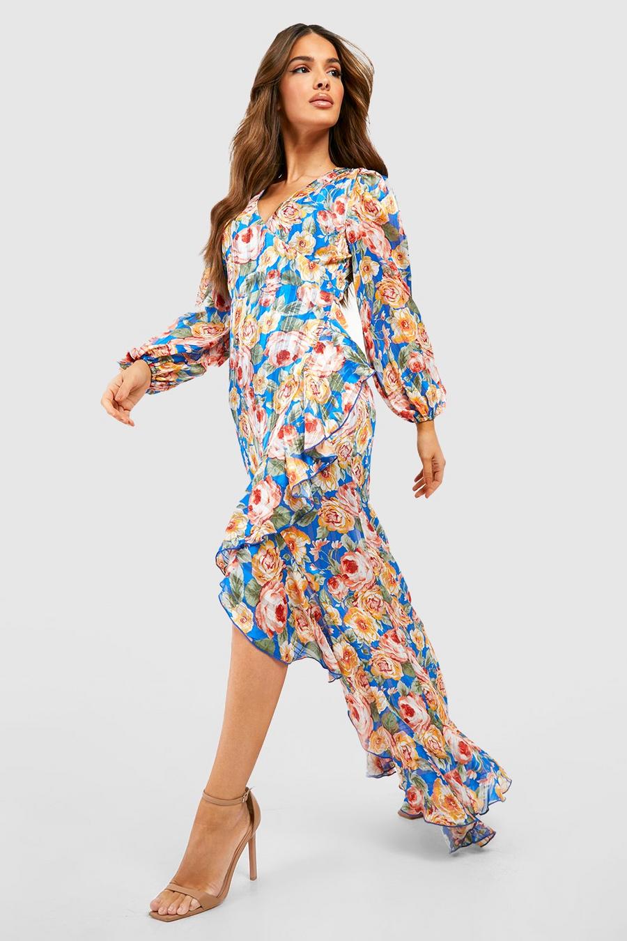 Blue Floral Print Wrap Maxi Dress image number 1