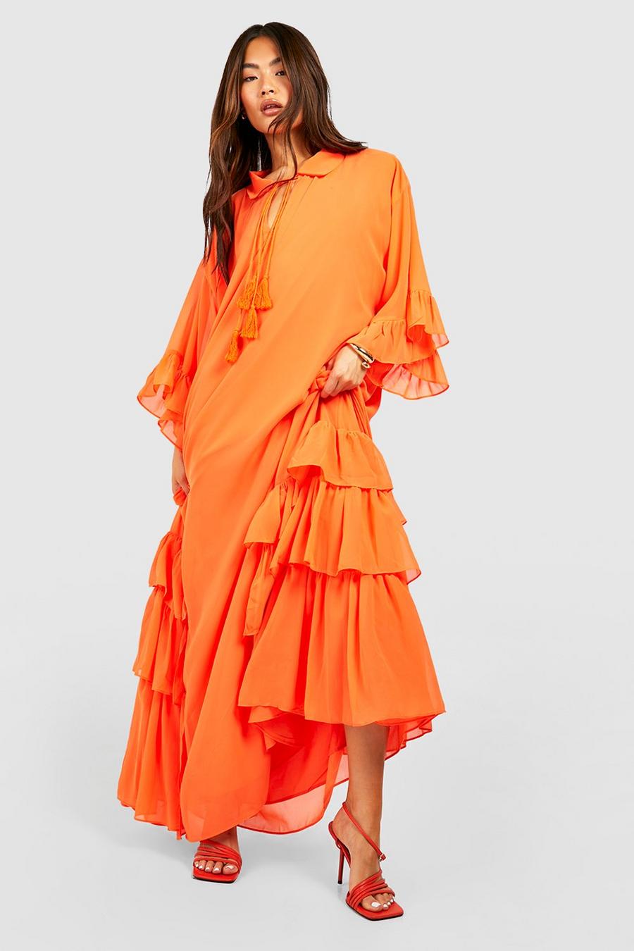 Vestido maxi holgado con detalle de volante, Orange