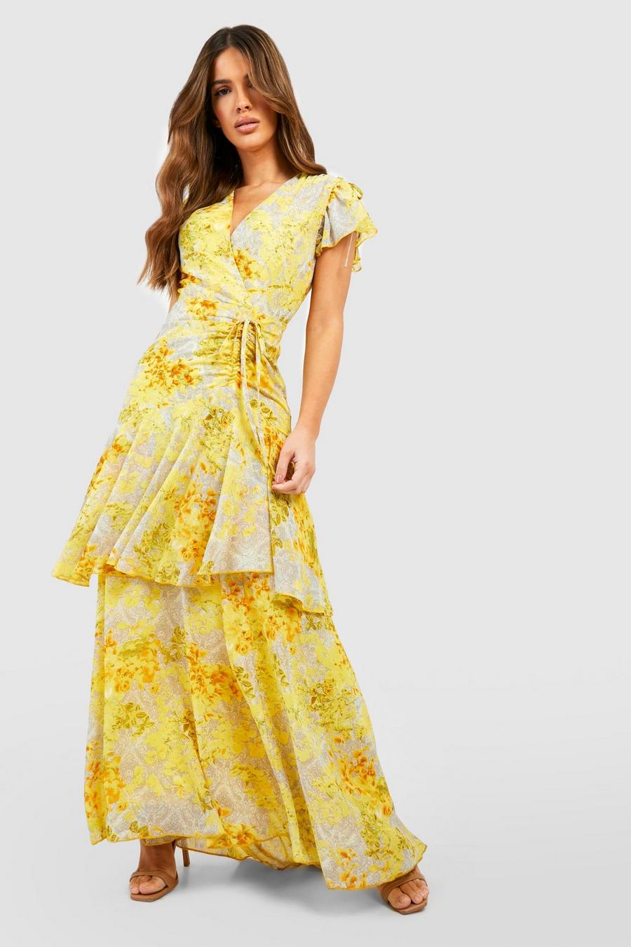 Yellow Floral Print Ruched Detail Maxi Dress image number 1