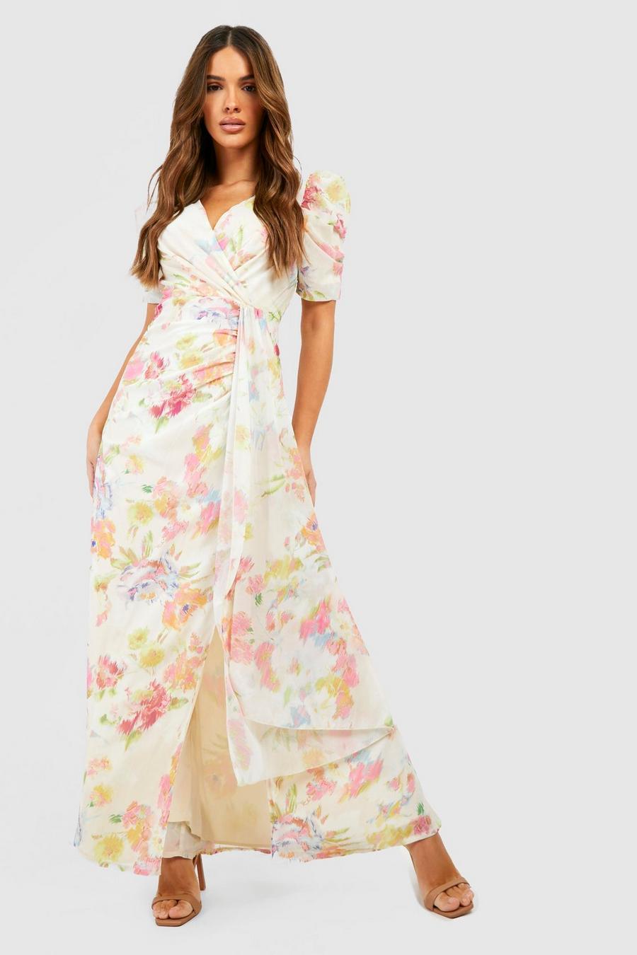Cream Floral Print Drape Detail Maxi Dress