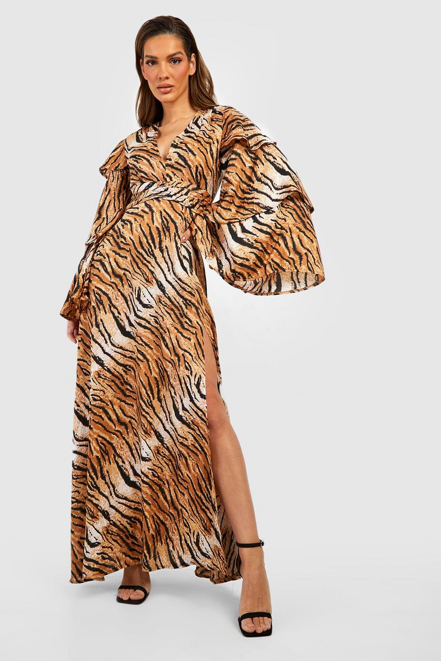 Vestido maxi de leopardo con mangas escalonadas, Brown