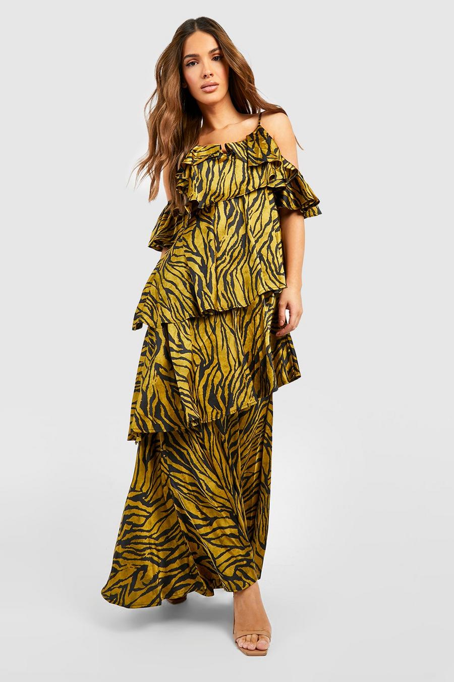 Khaki Zebra Print Ruffle Tiered Maxi Dress