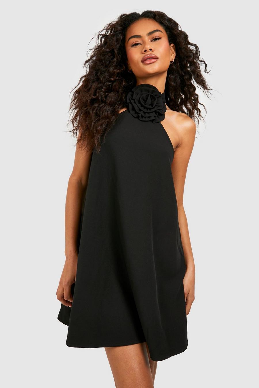 Black Rose Detail Halter Mini Dress