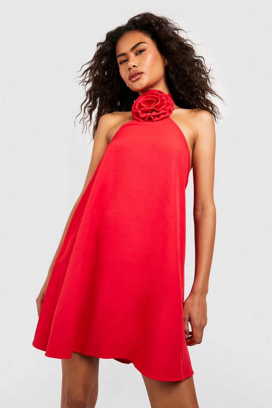 Red Rose Detail Halter Mini Dress