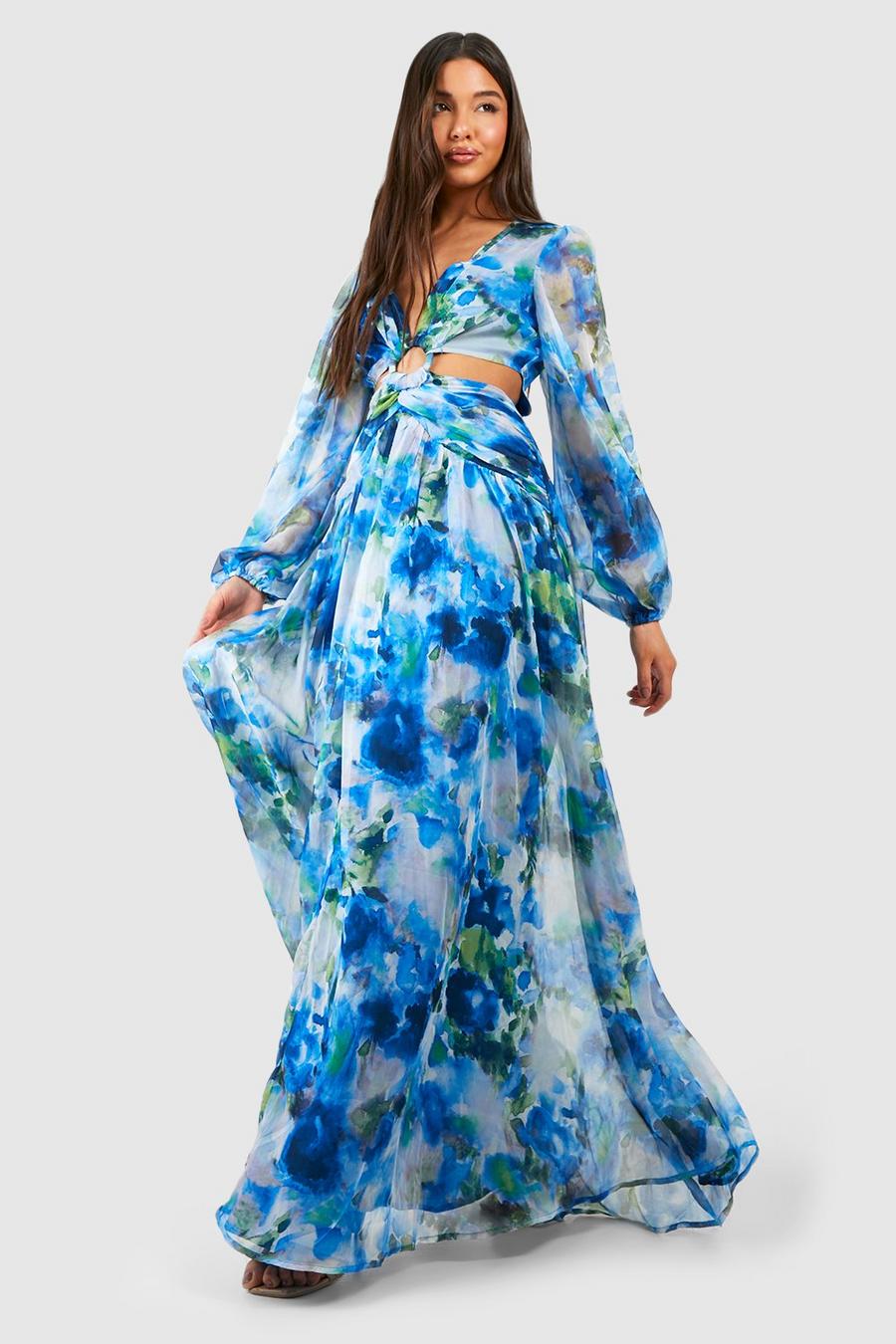 Blue Floral Print Chiffon Cut Out Maxi Dress
