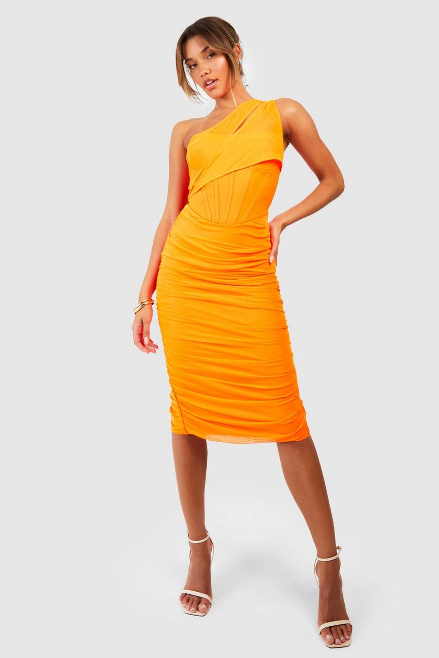 Orange Premium Bandage Mesh Overlay Midi Dress