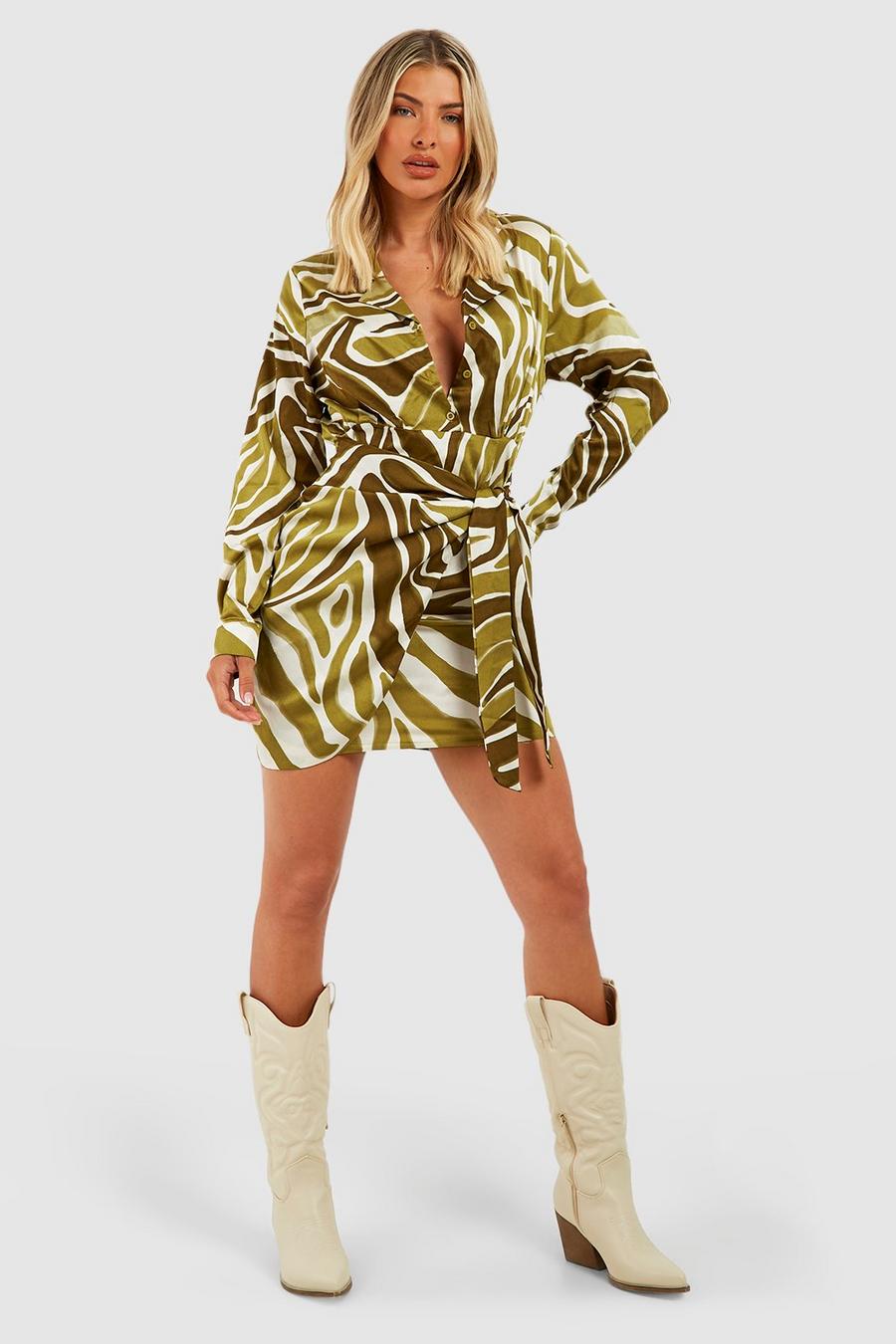 Khaki Satijnen Zebraprint Blouse Jurk