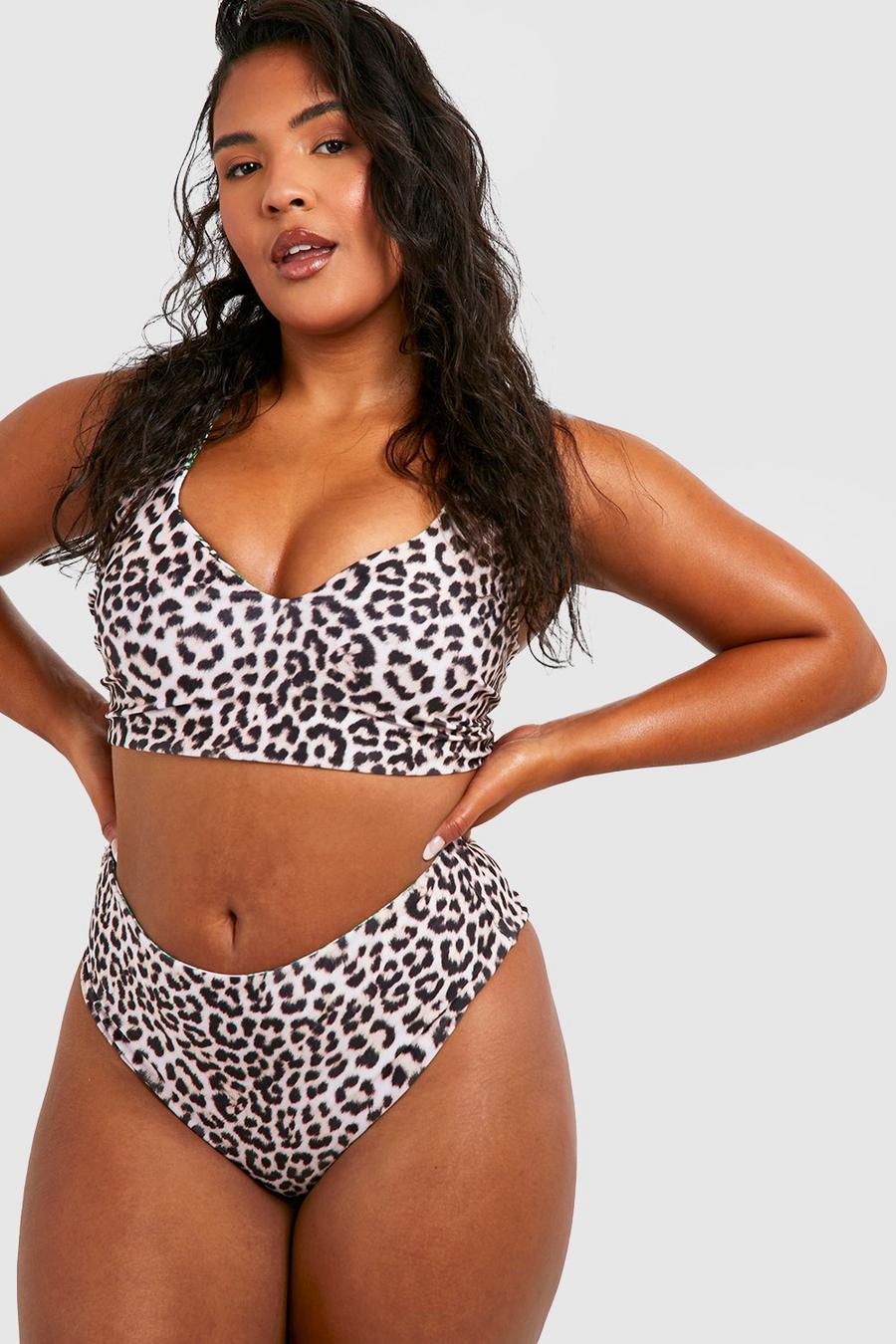 Top bikini Plus Size reversibile con stampa e intaglio sullo scollo, Brown