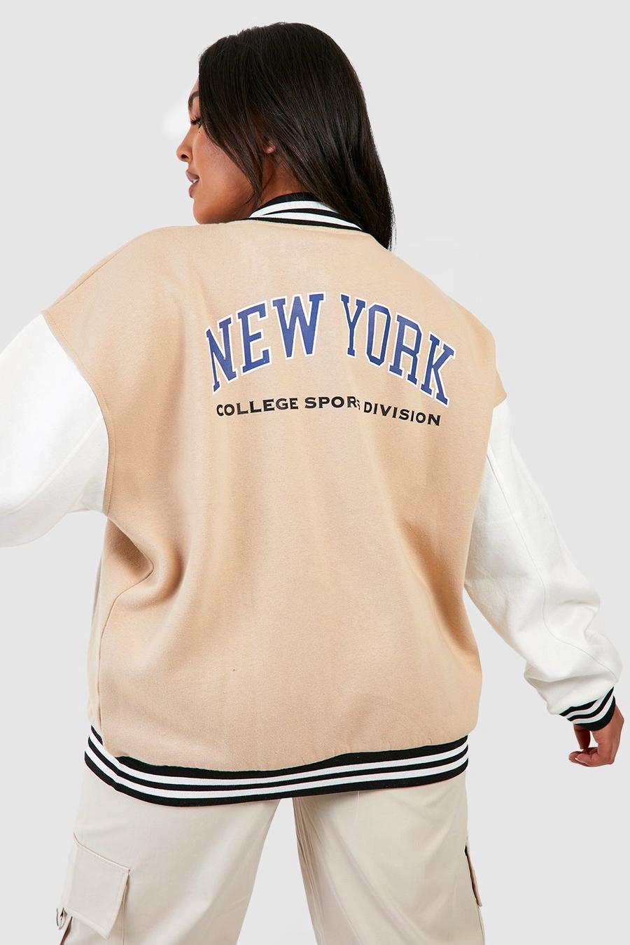 Stone beige Plus New York Varsity Bomber Jacket