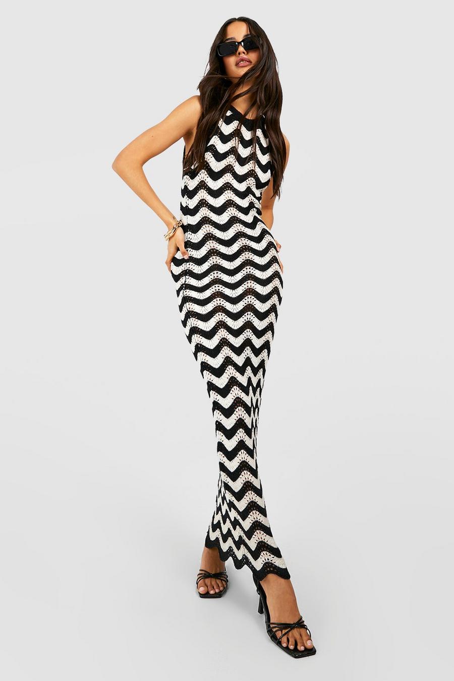 Vestito maxi all’uncinetto a zig zag, Black