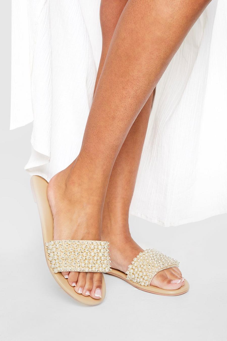 Cream Pearl Embellished Slip On Sandals image number 1