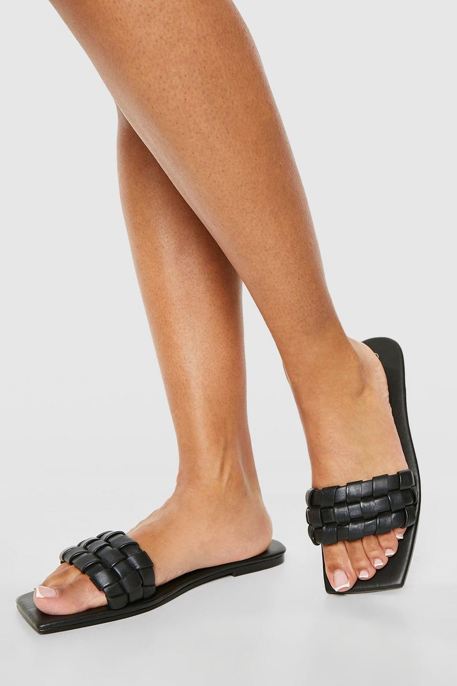 Black Leather Woven Lattice Detail Slip On Sandals image number 1